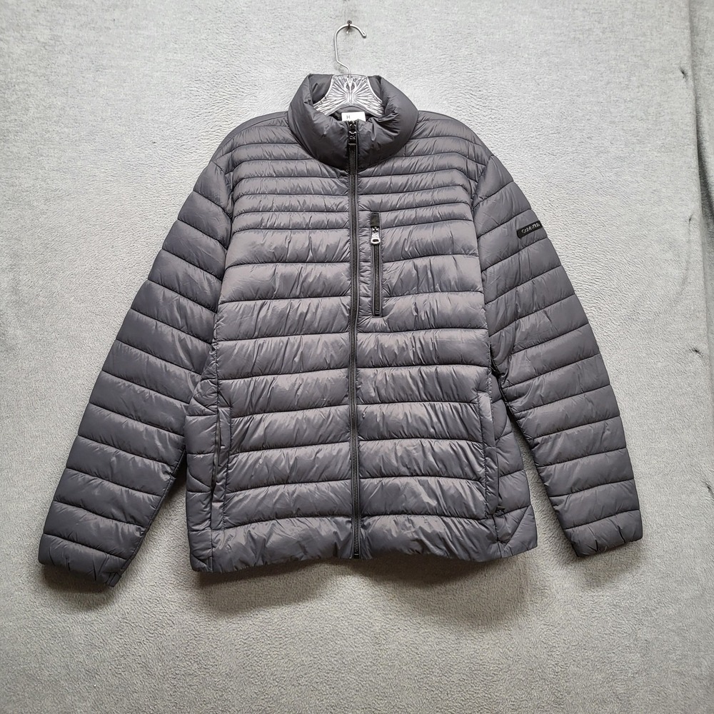 Calvin Klein Men Jacket L Gray Nylon Polyester Sorona Puffer Logo Zipper Long